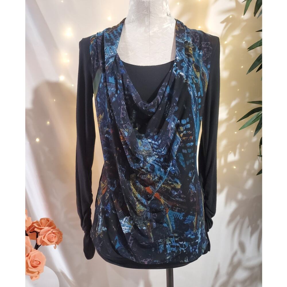 Vivienne Vivienne Tam Mesh Draped Neck Abstract Long Sleeve Top Womens XS Y2K